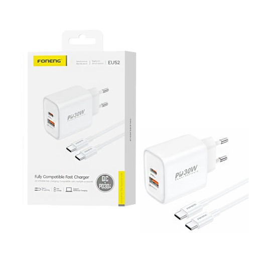 Carregador Foneng EU52 2 Portas USB-A+Tipo-C PD 30W com cabo Tipo-C para Tipo-C Branco